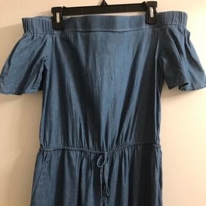 Super cute off the shoulder jean jumpsuit.…